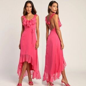 Lulu's Women Hot Pink Ruffled High-Low Maxi‎ Dress